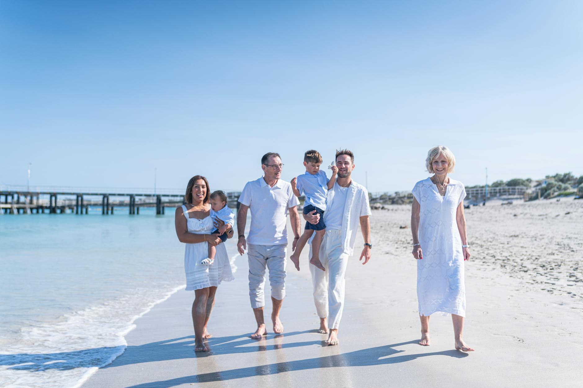 family walk on the beach during summer